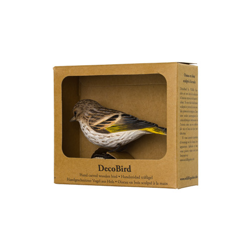 DecoBird Pine Siskin, hand carved wooden bird painted with environmentally friendly colours, in its display carton with a window