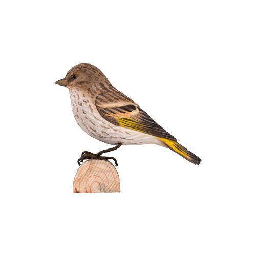 DecoBird Pine Siskin, hand carved wooden bird painted with environmentally friendly colours, side view