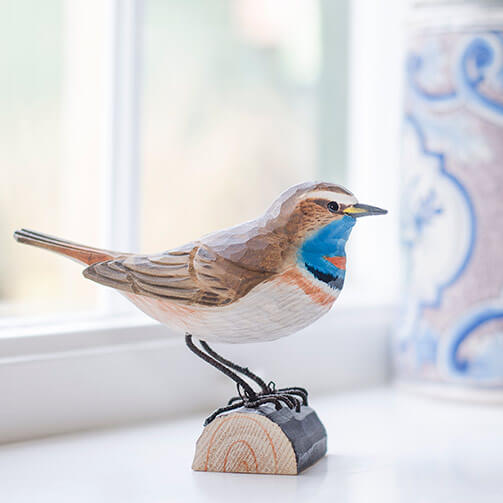 DecoBird Bluethroat, hand carved wooden bird painted with environmentally friendly colours