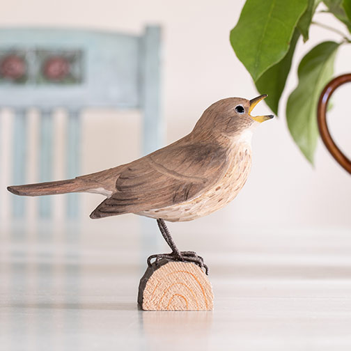 DecoBird Thrush Nightingale, hand carved wooden bird painted with environmentally friendly colours