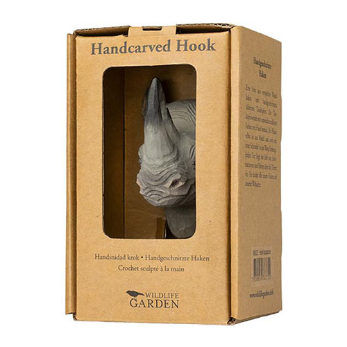 Hand Carved Hook Rhino, decor hook made from solid wood, painted with environmentally friendly colours, in its display carton with a window