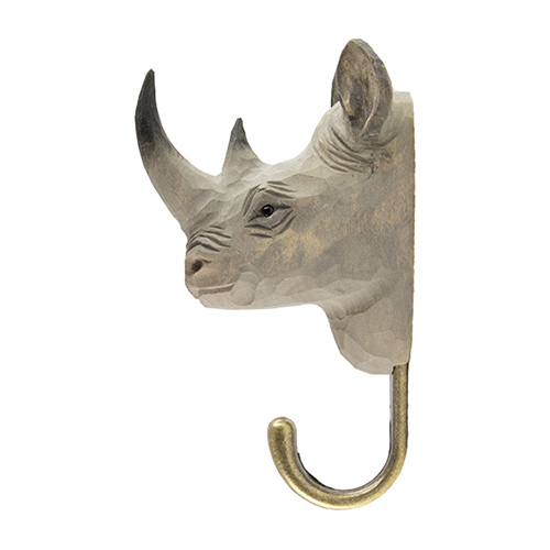 Hand Carved Hook Rhino, decor hook made from solid wood, painted with environmentally friendly colours, side view