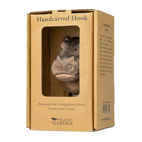 Handgeschnitzter Haken Nilpferd. in Kartonverpackung mit Displayfenster