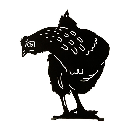 Silhouette Poule observatrice, noire, en métal, grandeur nature