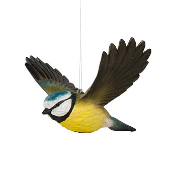 DecoBird Flying Blue Tit, hand carved wooden bird painted with environmentally friendly colours