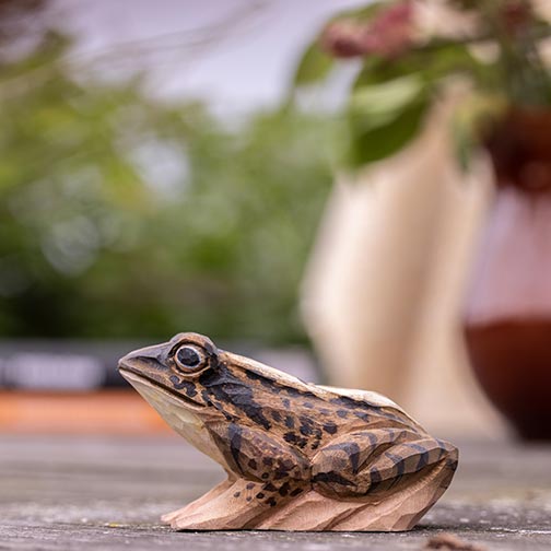 Grenouille des champs, taillée et peinte dans des couleurs respectueuses de l'environnement