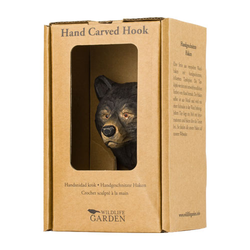 Hand Carved Hook Black Bear, decor hook made from solid wood, painted with environmentally friendly colours, in its display carton with a window