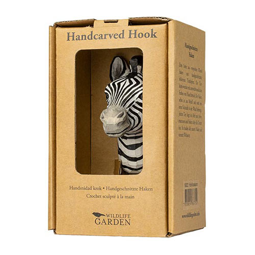 Handgeschnitzter Haken Zebra, in seiner Kartonverpackung mit Displayfenster