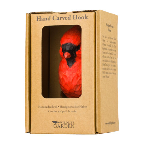 Hand Carved Hook Northern Cardinal, decor hook made from solid wood, painted with environmentally friendly colours, in its display carton with a window