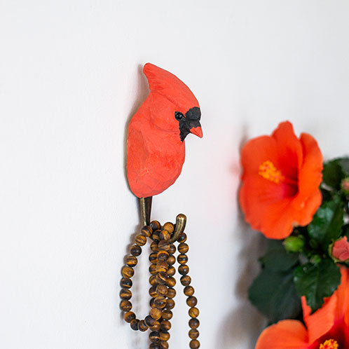 Hand Carved Hook Northern Cardinal, decor hook made from solid wood, painted with environmentally friendly colours