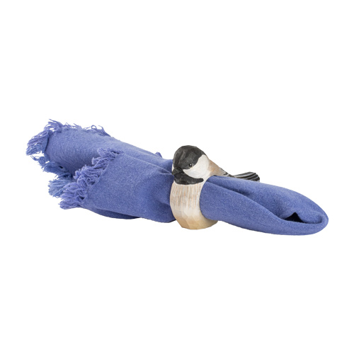 Rond de Serviette Mésange Nonnette, sculpté et peint à la main dans des couleurs respectueuses de l'environnement
