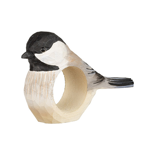 Rond de Serviette Mésange Nonnette, sculpté et peint à la main dans des couleurs respectueuses de l'environnement