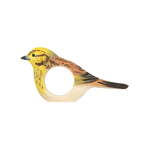 Napkin Ring Yellowhammer, hand carved decoration for napkins, made of wood, painted in environmentally friendly colours, side view