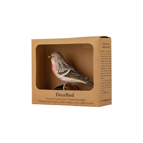 DecoBird Common Redpoll, hand carved wooden bird painted with environmentally friendly colours, in its display carton with a window