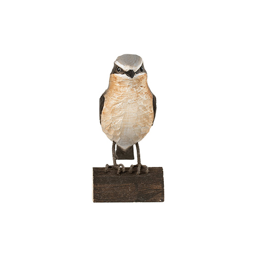 DecoBird Northern Wheatear, hand carved wooden bird painted with environmentally friendly colours, front view