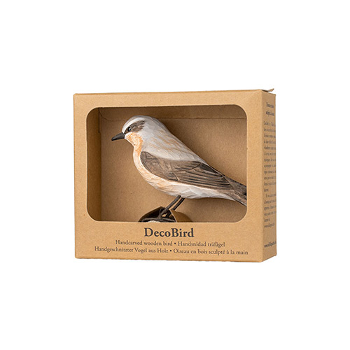 DecoBird Northern Wheatear, hand carved wooden bird painted with environmentally friendly colours, in its display carton with a window