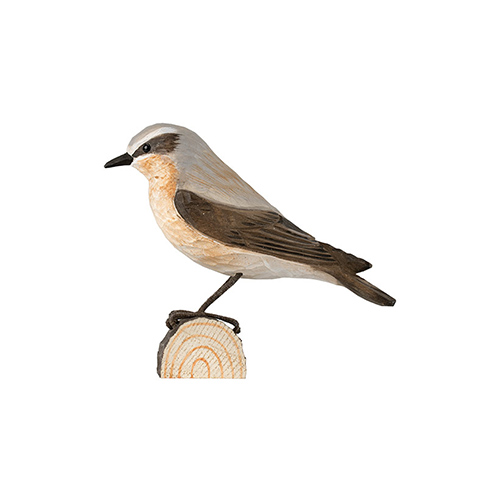 DecoBird Northern Wheatear, hand carved wooden bird painted with environmentally friendly colours, side view
