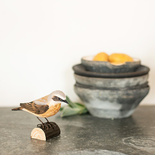 DecoBird Northern Wheatear, hand carved wooden bird painted with environmentally friendly colours
