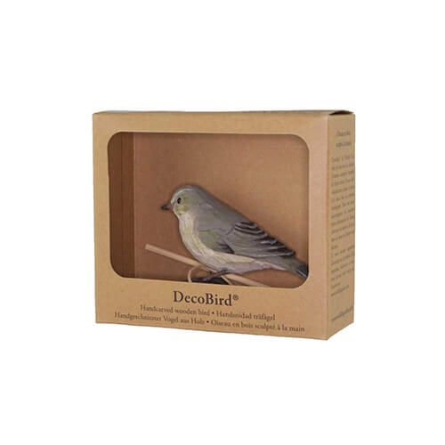 DecoBird Chiffchaff, hand carved wooden bird painted with environmentally friendly colours, in its display carton
