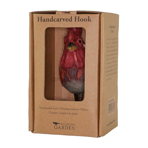 Patère Coq sculptée dans son carton d'emballage avec fenêtre