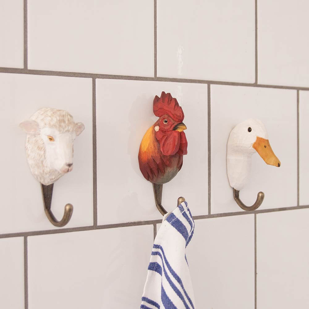 Hand Carved Hook Rooster, decor hook made from solid wood, painted with environmentally friendly colours