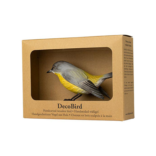 DecoBird Miro à poitrine jaune dan son emballage en carton avec fenêtre