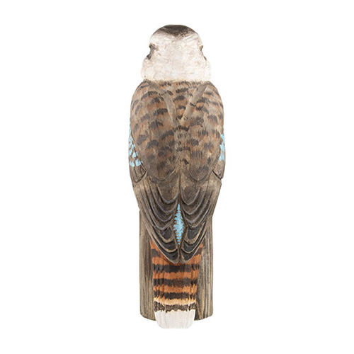 DecoBird Skrattkokaburra, handsnidad dekorationsfågel i trä målad förhand med miljövänlig färg, bakifrån