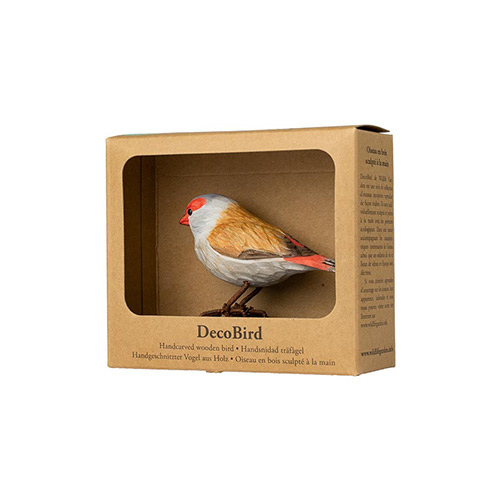 DecoBird Rödbrynad Astrild, handsnidad dekorationsfågel i trä målad förhand med miljövänlig färg, i sin presentförpackning med fönster