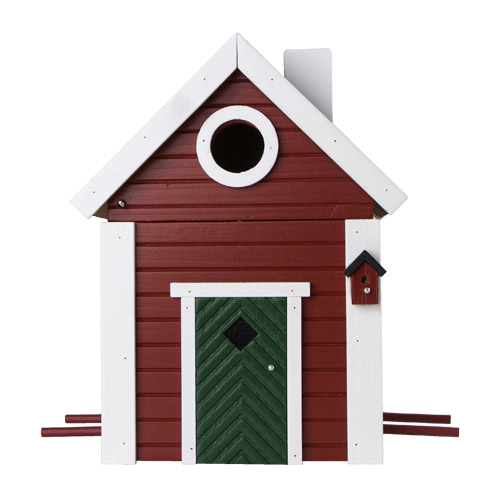 Multiholk Maison rouge, vue de face, mangeoire pour oiseaux en bois massif