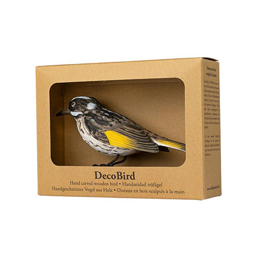 DecoBird Vitögd Honungsfågel, handsnidad dekorationsfågel i trä målad förhand med miljövänlig färg, i sin presentförpackning med fönster