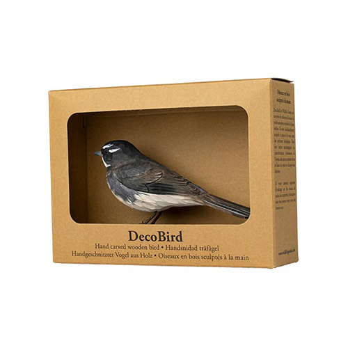 DecoBird Grey Fantail, hand carved wooden bird painted with environmentally friendly colours, in its display carton with a window