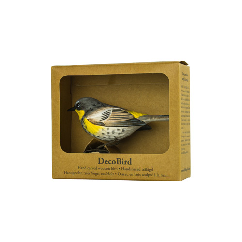 DecoBird Yellow-rumped Warbler, hand carved wooden bird painted with environmentally friendly colours, in its display carton with a window