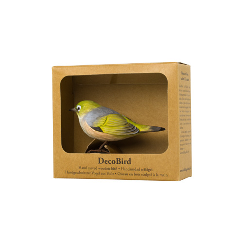 DecoBird Silvereye, hand carved wooden bird painted with environmentally friendly colours, in its display carton with a window