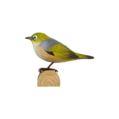 DecoBird Silvereye, hand carved wooden bird painted with environmentally friendly colours, side view