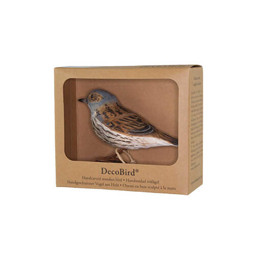 DecoBird Accenteur mouchet, sculpté et peint à la main dns son carton d'emballage