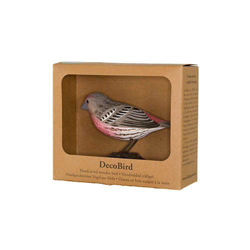 DecoBird House Finch, hand carved wooden bird painted with environmentally friendly colours, in its display carton with a window