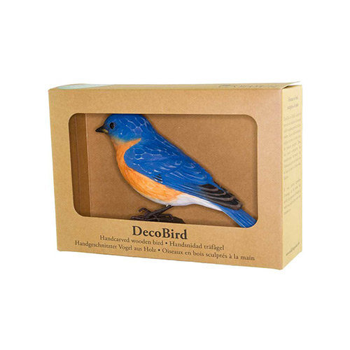 DecoBird Eastern Bluebird, hand carved wooden bird painted with environmentally friendly colours, in its display carton with a window