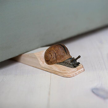 Hand Carved Doorstop Roman Snail, wooden door stop painted with environmentally friendly colours