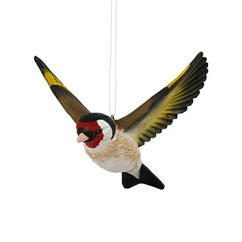 DecoBird Flying Goldfinch, hand carved wooden bird painted with environmentally friendly colours