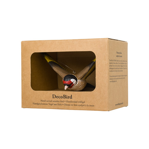 DecoBird Chardonneret Élégant volant dans son emballage en carton avec fenêtre
