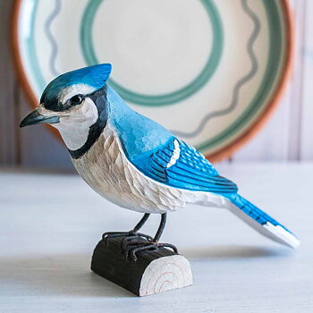 DecoBird Blue Jay, hand carved wooden bird painted with environmentally friendly colours
