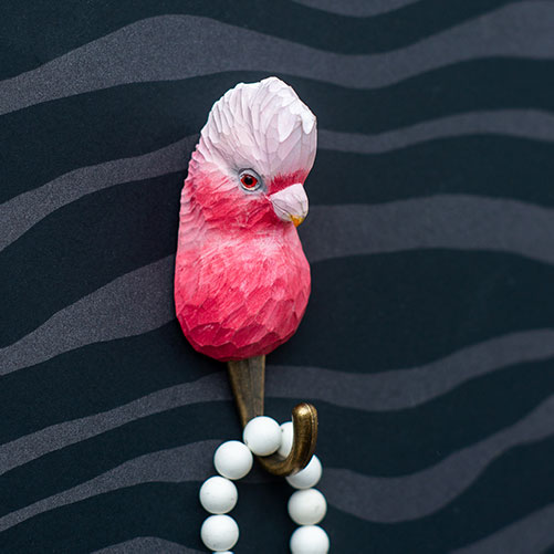 Hand Carved Hook Galah, decor hook made from solid wood, painted with environmentally friendly colours