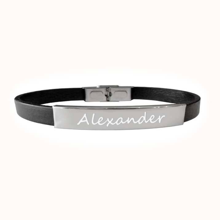 Svart personligt läderarmband med valfri gravyr & namn