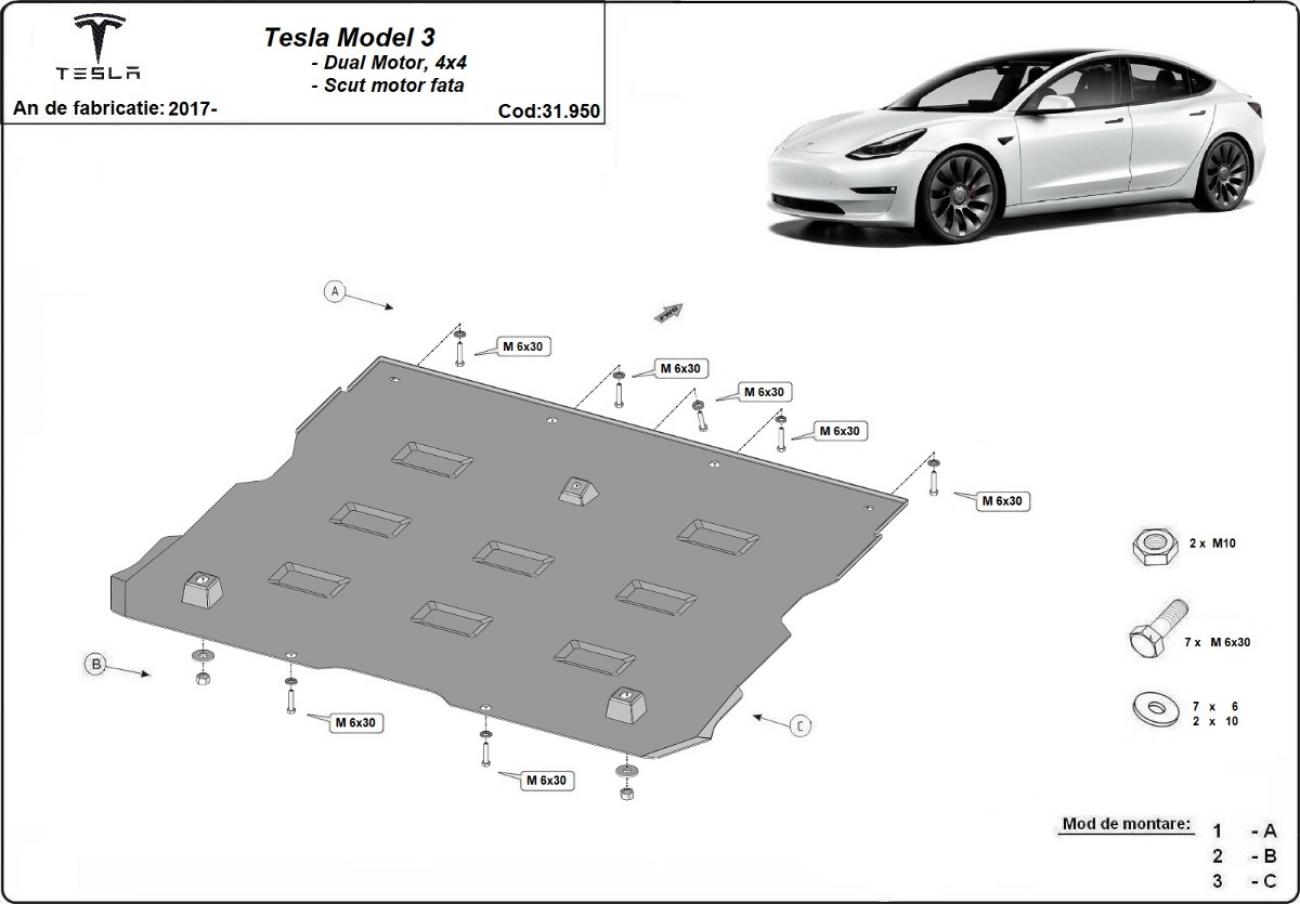 Pohjapanssari Teräs etu sähkömoottori | Tesla Model 3 AWD (2017-2026) - 3