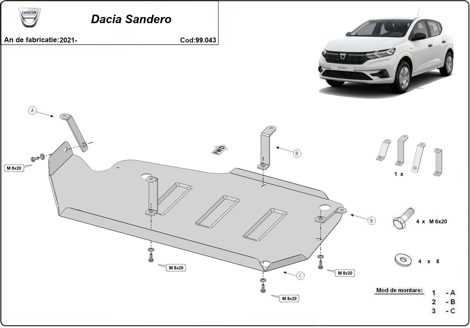 Bunnplate Stål Drivstofftank | Dacia Sandero (2021-2026) - 3