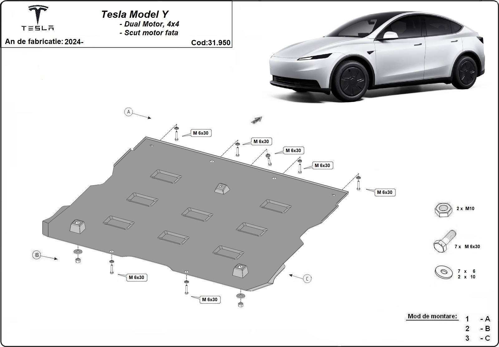 Pohjapanssari Steel front electric Motor | Tesla Model Y AWD (2024-2026) - 3