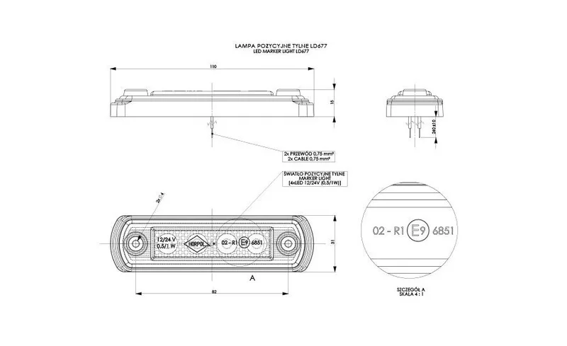 LED Posisjonslys rød 12-24V 50cm kabel. - 2
