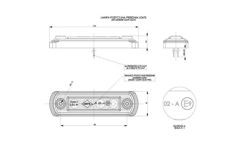 LED marker light white 12-24v 50cm. cable - 2