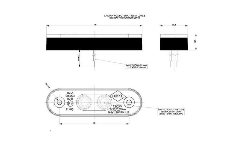 LED Posisjonslys hvit 12-24V 50cm kabel. - 2