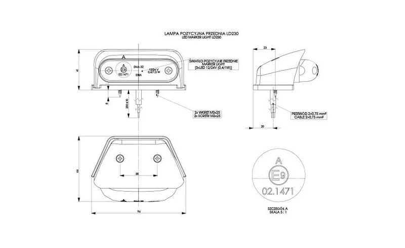 LED marker light amber with bracket 12-24v 50cm. cable - 2